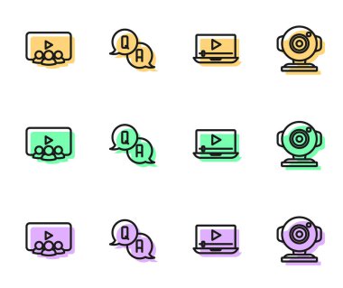 Set line Online play video class Question and Answer and Web camera icon. Vector.