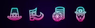 Set line Leprechaun hat boot Golden leprechaun coin and . Glowing neon icon. Vector.