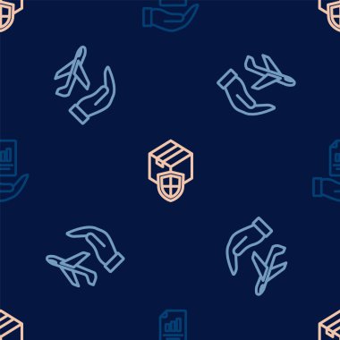 Set line Contract in hand Plane and Delivery security with shield on seamless pattern. Vector.