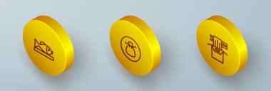 Set Isometric line Served fish on a plate Wonton and Asian noodles in paper box icon. Vector.