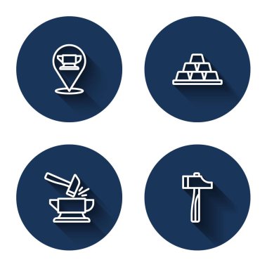 Set line Blacksmith anvil tool Gold bars Anvil and hammer and Hammer with long shadow. Blue circle button. Vector.