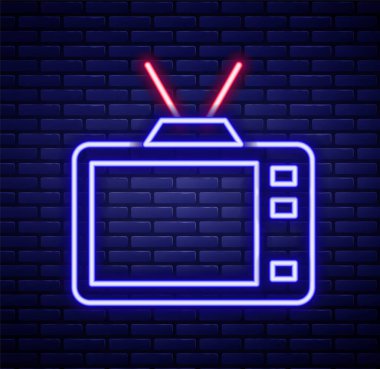 Parlayan neon hattı Retro TV ikonu tuğla duvar arka planında izole edildi. Televizyon tabelası. Renkli taslak konsepti. Vektör