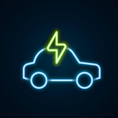 Parlak neon hattı elektrikli araba ve elektrik kablosu şarj ikonu siyah arka planda izole edildi. Yenilenebilir ekolojik teknolojiler. Renkli taslak konsepti. Vektör