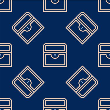 Çizgi Antik hazine sandığı ikonu mavi arka planda pürüzsüz desen izole etti. Altın sikkeli klasik tahta sandık. Vektör