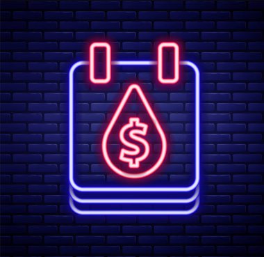 Parlayan neon çizgisi, dolar sembolü simgesi olan yağ damlası tuğla duvar arkasında izole edilmiş. Petrol fiyatı. Petrol ve petrol endüstrisi. Renkli taslak konsepti. Vektör
