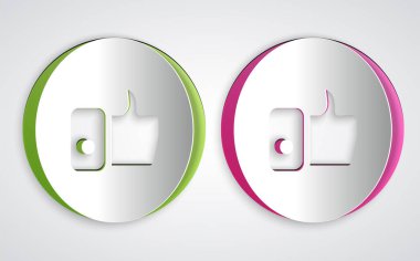 Kağıt, El 'i gri arkaplanda izole edilmiş bir simge gibi kesti. Kağıt sanatı tarzı. Vektör