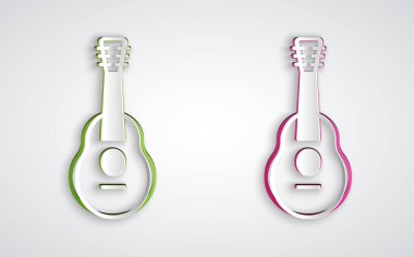 Kağıt kesiği Gitar simgesi gri arkaplanda izole edilmiş. Akustik gitar. Telli müzik aleti. Kağıt sanatı tarzı. Vektör