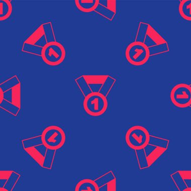 Kırmızı Madalya ikonu mavi arkaplandaki kusursuz deseni izole etti. Kazanan sembol. Vektör