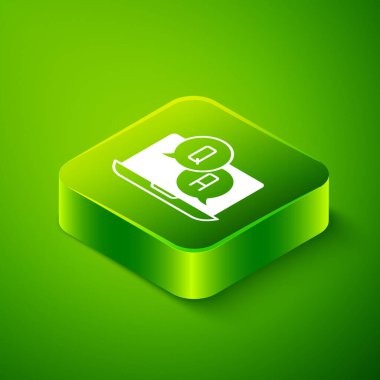 Soru ve Yanıt simgesiyle yeşil arkaplanda izole edilmiş Isometric Konuşma Baloncukları. Q ve A sembolü. SSS işareti. Konuşma balonu ve çizelgesi. Yeşil kare düğmesi. Vektör