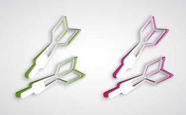 Kağıt kesiği Dart ok simgesi gri arkaplanda izole edildi. Kağıt sanatı tarzı. Vektör