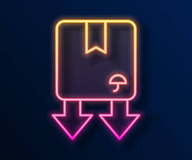 Siyah zemin üzerinde trafik sembolü simgesi olan parlak neon çizgili karton kutu. Kutu, paket, paket işareti. Teslimat, ulaşım ve nakliye. Vektör