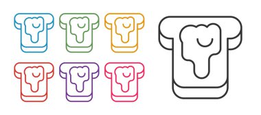 Beyaz arkaplanda izole edilmiş bal ikonlu bir parça ekmek ayarla. Reçelli tost veya bal. Simgeleri renklendirin. Vektör