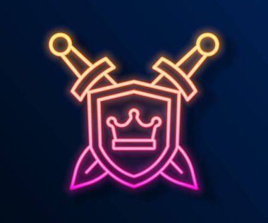 Siyah zemin üzerinde çapraz kılıç simgesi olan parlak neon hattı Ortaçağ kalkanı. Vektör.