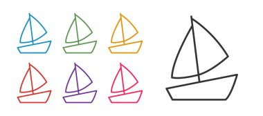 Yelkenli yelkenli ya da yelkenli ikonu beyaz arka planda izole edildi. Yelkenli deniz seyahati. Simgeleri renklendirin. Vektör.