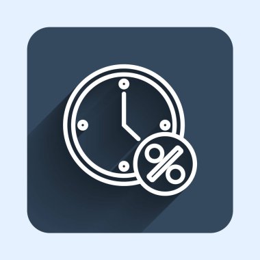 White line Clock and percent discount icon isolated with long shadow background. Blue square button. Vector.