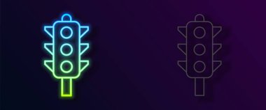 Parlayan neon hattı trafik ışığı simgesi siyah arkaplanda izole edildi. Vektör.