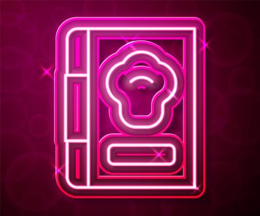 Glowing neon line Cookbook icon isolated on red background. Cooking book icon. Recipe book. Fork and knife icons. Cutlery symbol. Vector.
