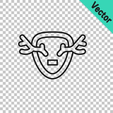 Kalkan simgesindeki siyah çizgi geyiği boynuzları şeffaf arkaplanda izole edilmiş. Duvarda av kupası. Vektör.