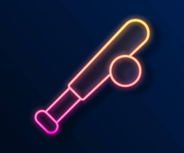 Siyah zemin üzerinde top ikonu olan parlak neon çizgili beysbol sopası. Vektör.