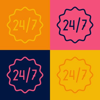 Pop Art Line Clock 24 saat simgesi renk arkaplanında izole edildi. Tüm gün döngü simgesi. 24 saat hizmet sembolü. Vektör.