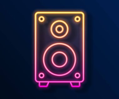 Parlayan neon hattı Stereo hoparlör simgesi siyah arkaplanda izole edildi. Ses sistemi hoparlörleri. Müzik ikonu. Müzikal sütun hoparlörü. Vektör.