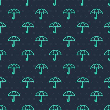 Yeşil çizgi Umbrella simgesi mavi arkaplanda kusursuz desen izole etti. Sigorta konsepti. Su geçirmez ikon. Koruma, güvenlik, güvenlik kavramı. Vektör.