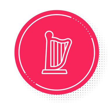 White line Harp icon isolated on white background. Classical music instrument, orhestra string acoustic element. Red circle button. Vector.