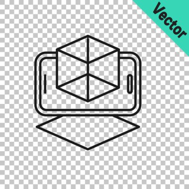 Siyah çizgi 3D modelleme simgesi şeffaf arkaplanda izole edildi. Artırılmış gerçeklik mi yoksa sanal gerçeklik mi? Vektör.
