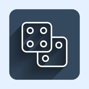 Beyaz çizgi Oyun zar simgesi uzun gölge arkaplan izole. Kumarhane kumarı. Mavi kare düğme. Vektör.