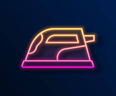 Parlayan neon hattı siyah zemin üzerinde izole edilmiş elektrikli demir ikonu. Buhar ütüsü. Vektör.