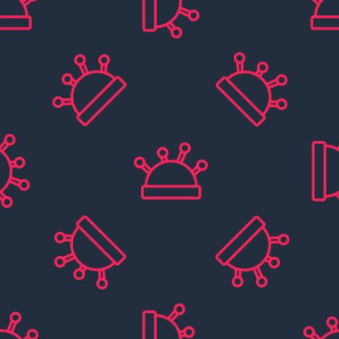 Red line Needle bed and needles icon isolated seamless pattern on black background. Handmade and sewing theme. Vector.