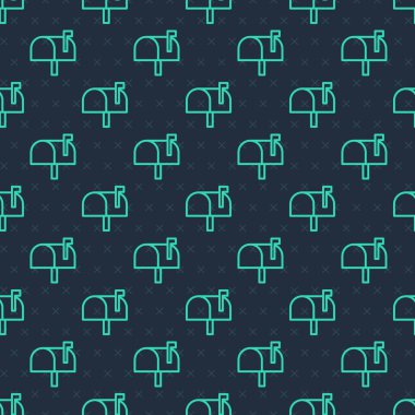 Green line Mail box icon isolated seamless pattern on blue background. Mailbox icon. Mail postbox on pole with flag. Vector.