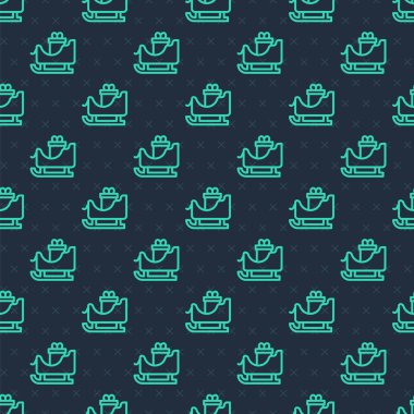 Green line Christmas santa claus sleigh with sack bag icon isolated seamless pattern on blue background. Merry Christmas and Happy New Year. Vector.