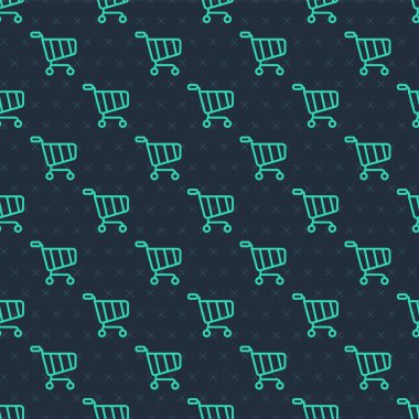 Green line Shopping cart icon isolated seamless pattern on blue background. Online buying concept. Delivery service sign. Supermarket basket symbol. Vector.