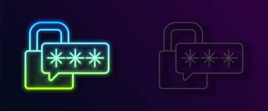 Parlayan neon hattı siber güvenlik simgesi siyah arkaplanda izole edildi. Dijital devre kartında kapalı asma kilit. Güvenlik kavramı. Dijital veri koruması. Vektör.