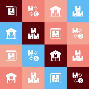 Set pop art Online app delivery tracking Tax cardboard box Full warehouse and Carton icon. Vector.