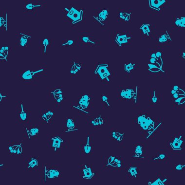 Set Shovel Fresh berries Bird house and Fruit tree on seamless pattern. Vector.