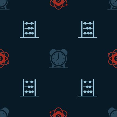 Set Atom Alarm clock and Abacus on seamless pattern. Vector.