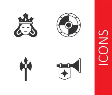 Set Trumpet with flag Princess or queen Medieval axe and Round shield icon. Vector.
