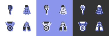 Set Sport expander Tennis racket Medal and Badminton shuttlecock icon. Vector.
