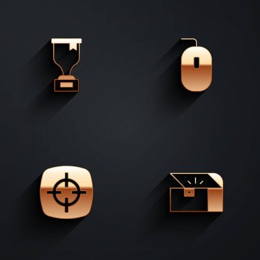 Set Award cup Computer mouse Target sport and Chest for game icon with long shadow. Vector.