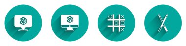 Set Game dice Tic tac toe game and Crossed billiard cues icon with long shadow. Vector.