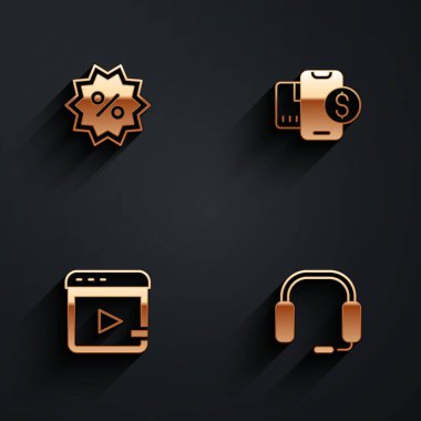 Set Discount percent tag Mobile with dollar Video advertising and Headphones icon with long shadow. Vector.