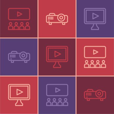 Set line Cinema auditorium with screen Online play video and Movie film media projector icon. Vector.