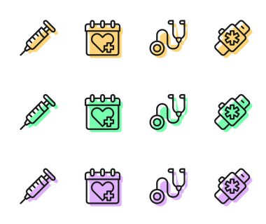 Set line Stethoscope Syringe Doctor appointment and Smart watch with heart icon. Vector.