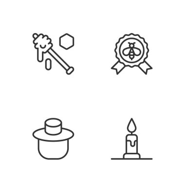 Set line Burning candle Beekeeper with protect hat Honey dipper stick and Best bee icon. Vector.