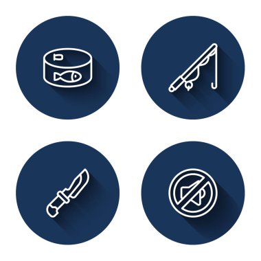Set line Canned fish Fishing rod Knife and Speaker mute with long shadow. Blue circle button. Vector.