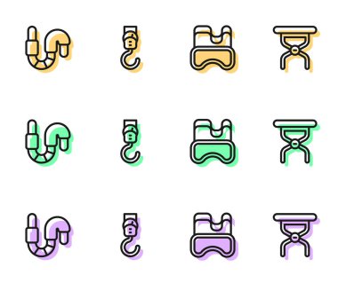 Set line Diving mask Worm Spring scale and Camping folding chair icon. Vector.