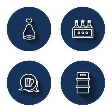 Set line Chicken leg, Pack of beer bottles, Wooden mug and Metal keg with long shadow. Blue circle button. Vector