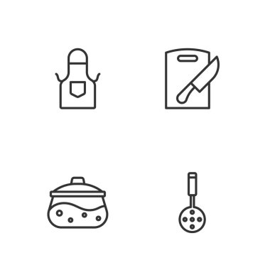 Set line Spatula, Cooking pot, Kitchen apron and Cutting board and knife icon. Vector